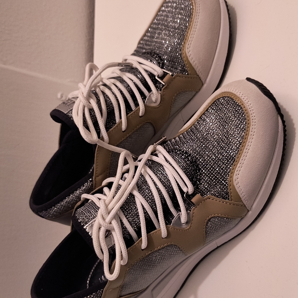Michael Kors Liv Wedge Trainer Silver Glitter Chain High top Sneaker Signature